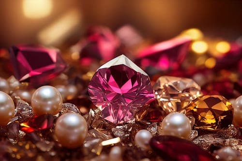 Schmucksteinen und Perlen: ein facettierter pinker Stein liegt zwischen goldenen und roten Steinen.