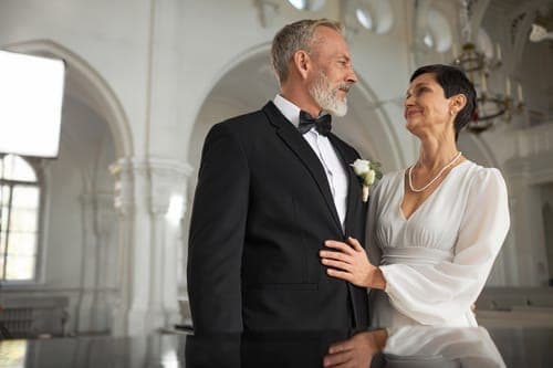 Elegant gekleidetes Paar in Schwarz und Weiss steht in einer hellen Kirche und blickt sich lächelnd an.
