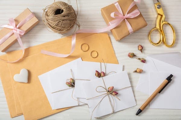 Flatlay Hochzeits-Papeterie: Kraftumschläge und weisse Karten, mit Kordel und getrockneten Rosenknospen gebunden; daneben Geschenkboxen, Schere, Stift und Eheringe.