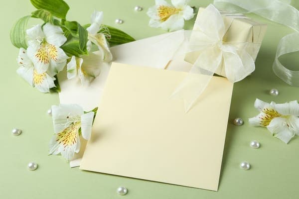 Blanko Hochzeitskarte auf grünem Hintergrund: Umschlag, kleine Geschenkbox mit transparenter Schleife, weisse Blüten (Alstroemerien) und verstreute Perlen als Deko.