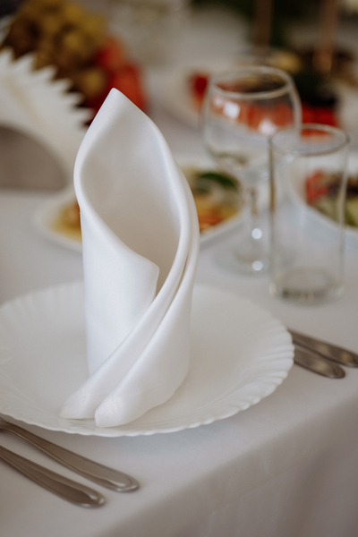 Servietten falten Hochzeit: Der ultimative Guide mit 11 zauberhaften Faltanleitungen DIY Hochzeit, Hochzeitsblog Weisse Serviette als Bischofsmütze gefaltet auf Teller